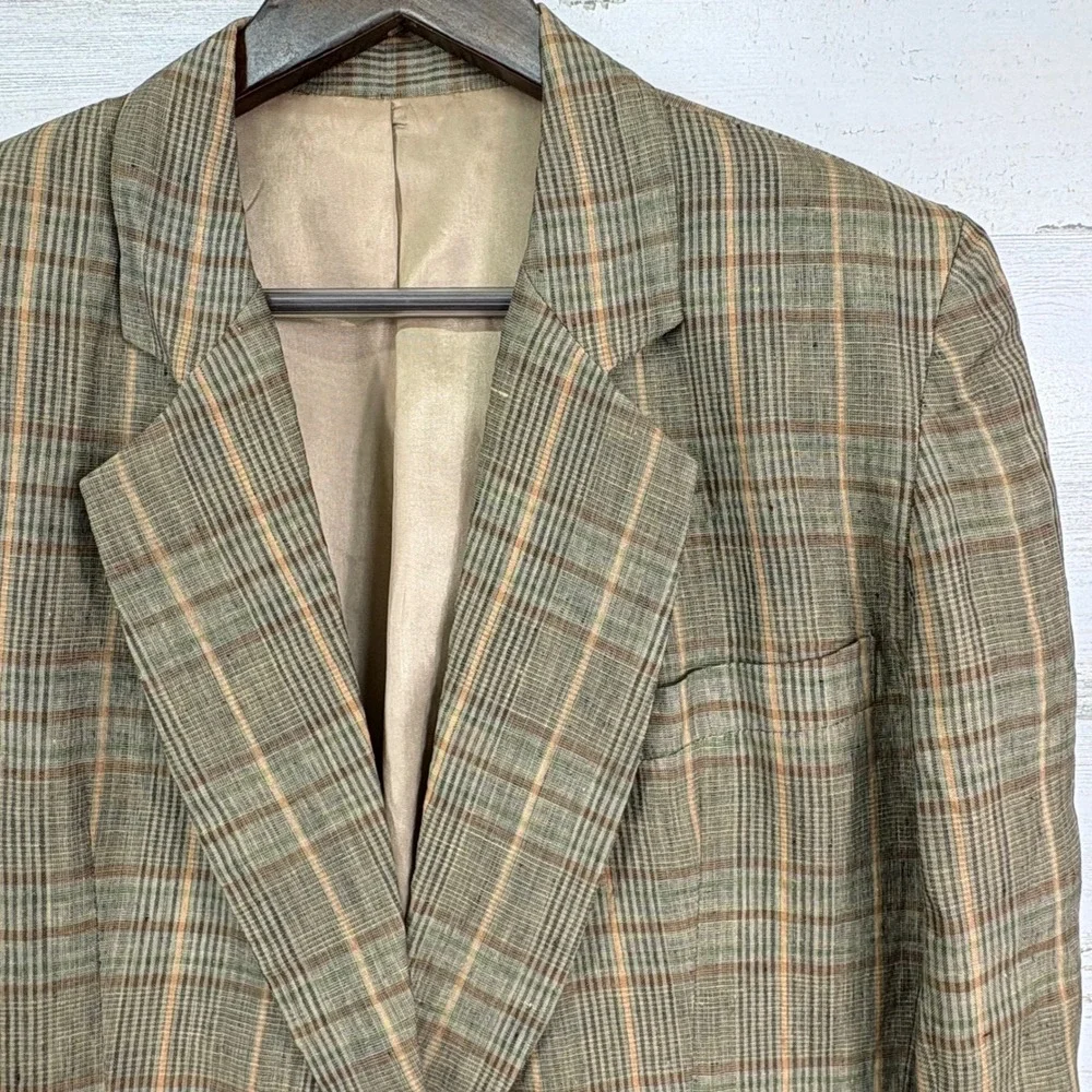 Karen Kane Lifestyle Blazer Size 8 Beige Tan Plaid Linen Jacket‎ Vintage 90s